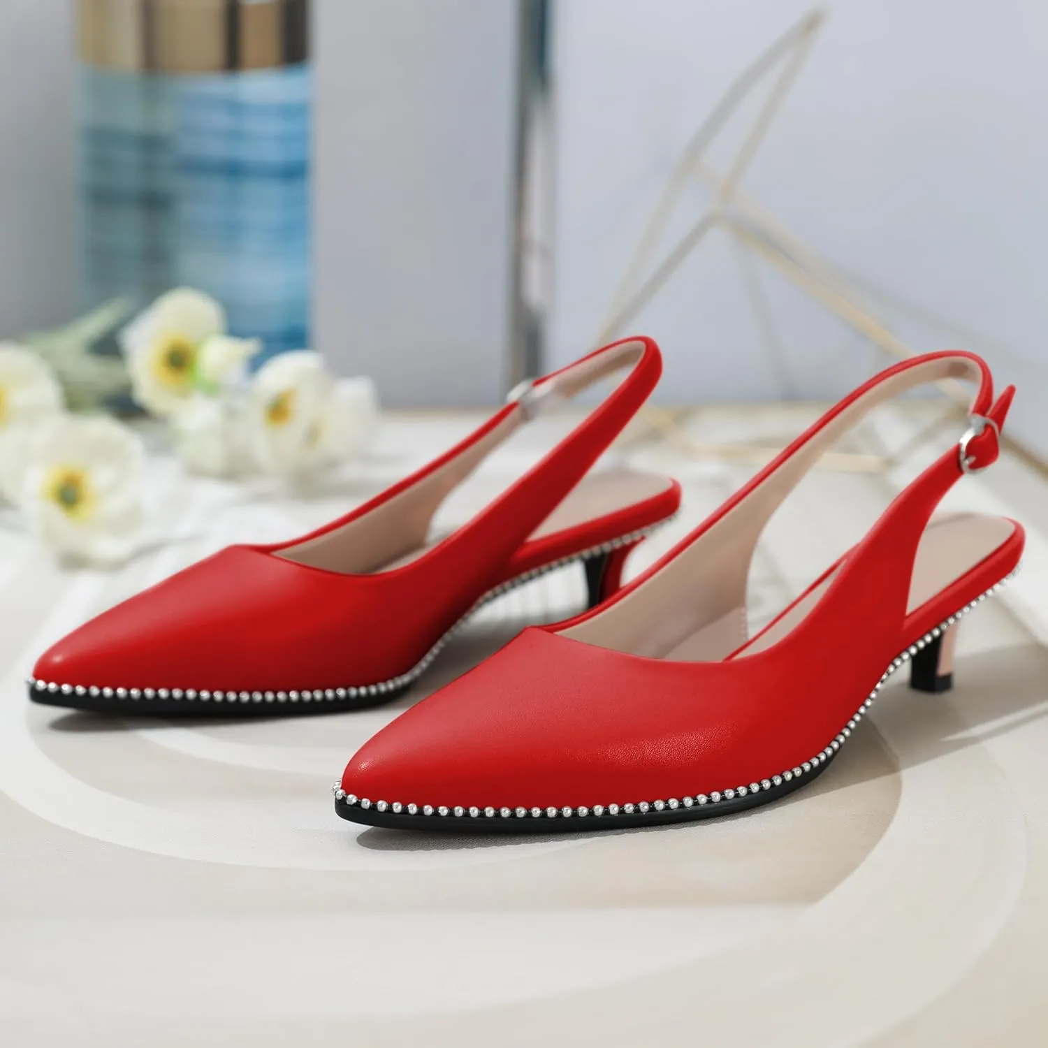 AUMOTED Women's Slingback Kitten Heels Pointed Toe Stiletto Low Heel Ankle-Strap with Beaded Pumps Dress Shoes 1.6 Inches