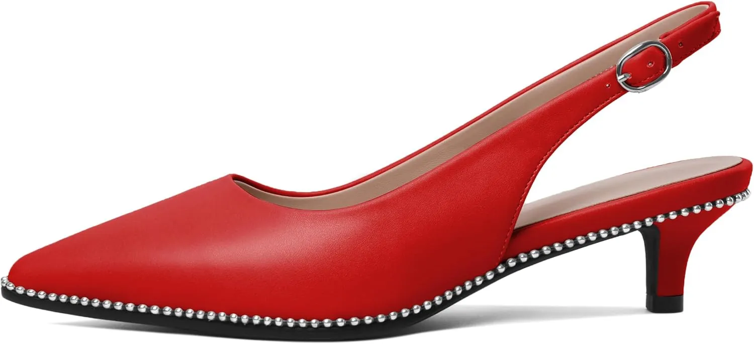 AUMOTED Women's Slingback Kitten Heels Pointed Toe Stiletto Low Heel Ankle-Strap with Beaded Pumps Dress Shoes 1.6 Inches