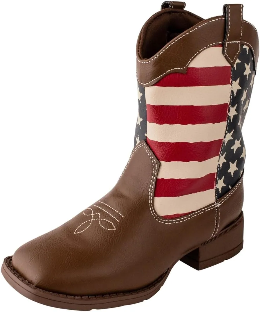 Baby Deer, Faux-leather, Rubber-soled, Kids Pointed Toe Western Boot for Boy or Girl Children with Ornamental Cowboy Stitching