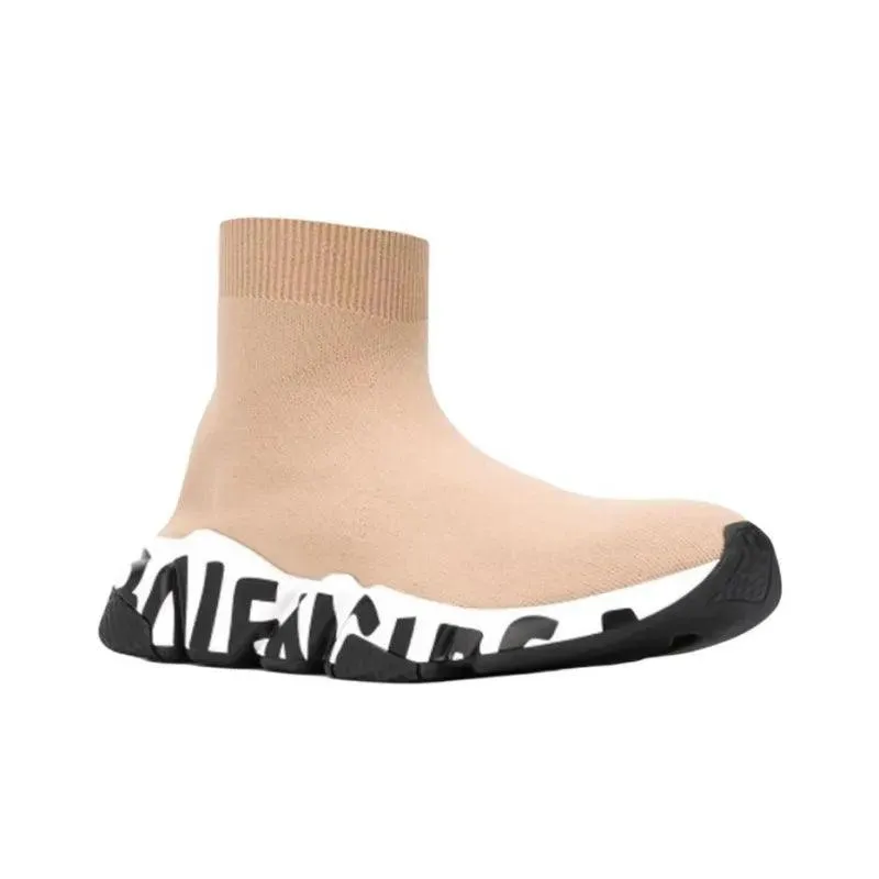 Balenciaga Speed Graffiti Sneakers 'Beige Knit With White And Black Graffiti Sole Unit'