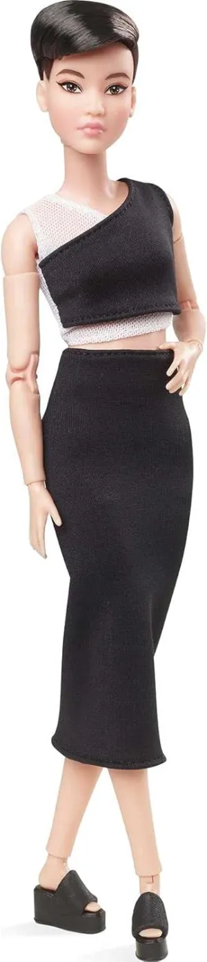 Barbie Signature Looks Doll (Petite, Brunette Pixie Cut) Fully Posable Fashion Doll Wearing Black Midi Skirt for Collectors