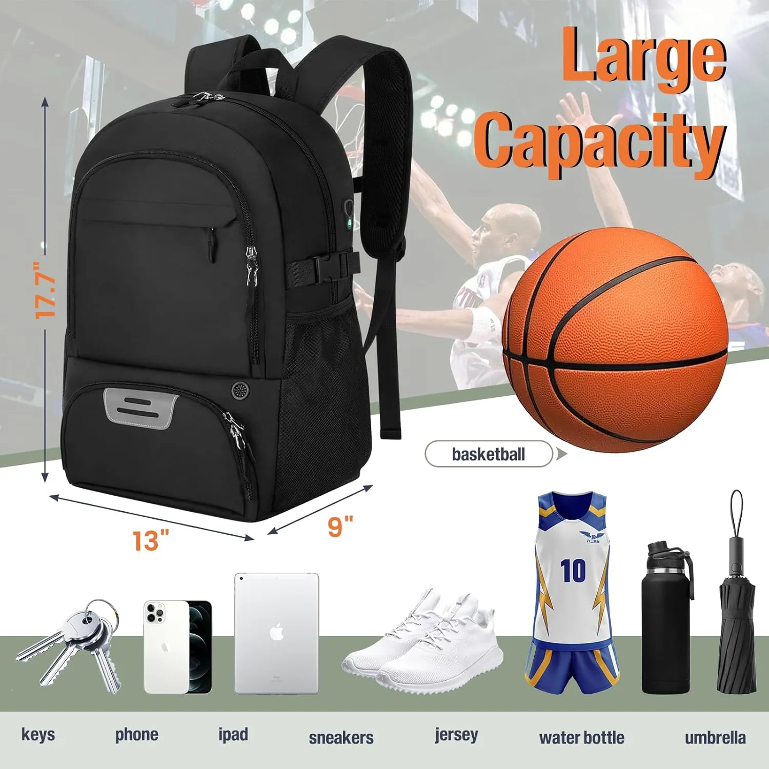 Basketball Backpack Basketball Bag with Ball and Shoe Compartment, Soccer Backpack Volleyball Backpacks Sport Bags