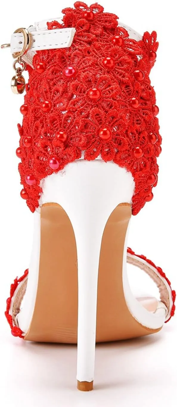 bbruriy Women Full Lace Beaded Pumps Stilettos High Heels with Floral Lace Pearls Beaded T-Strap Open Toe Heeled Sandals Bridal Wedding Party Shoes