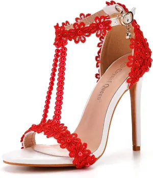 bbruriy Women Full Lace Beaded Pumps Stilettos High Heels with Floral Lace Pearls Beaded T-Strap Open Toe Heeled Sandals Bridal Wedding Party Shoes