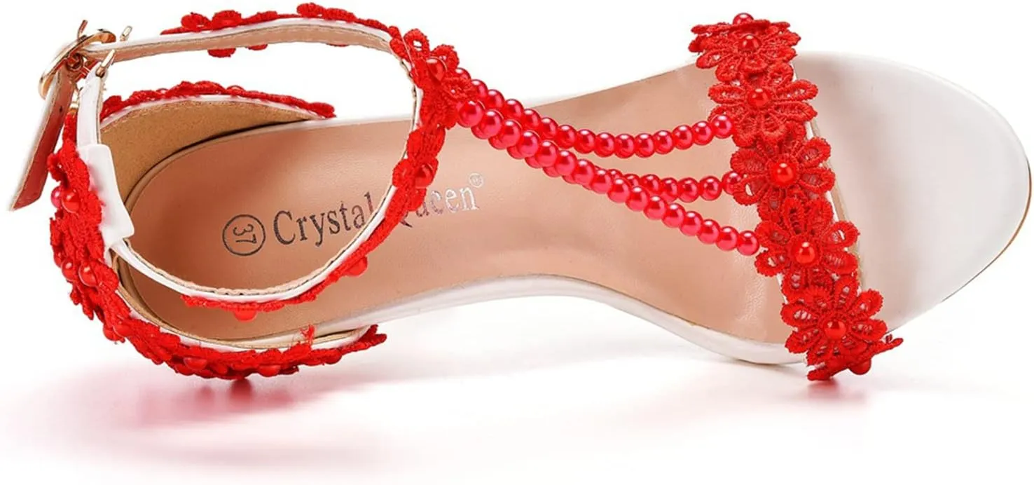 bbruriy Women Full Lace Beaded Pumps Stilettos High Heels with Floral Lace Pearls Beaded T-Strap Open Toe Heeled Sandals Bridal Wedding Party Shoes