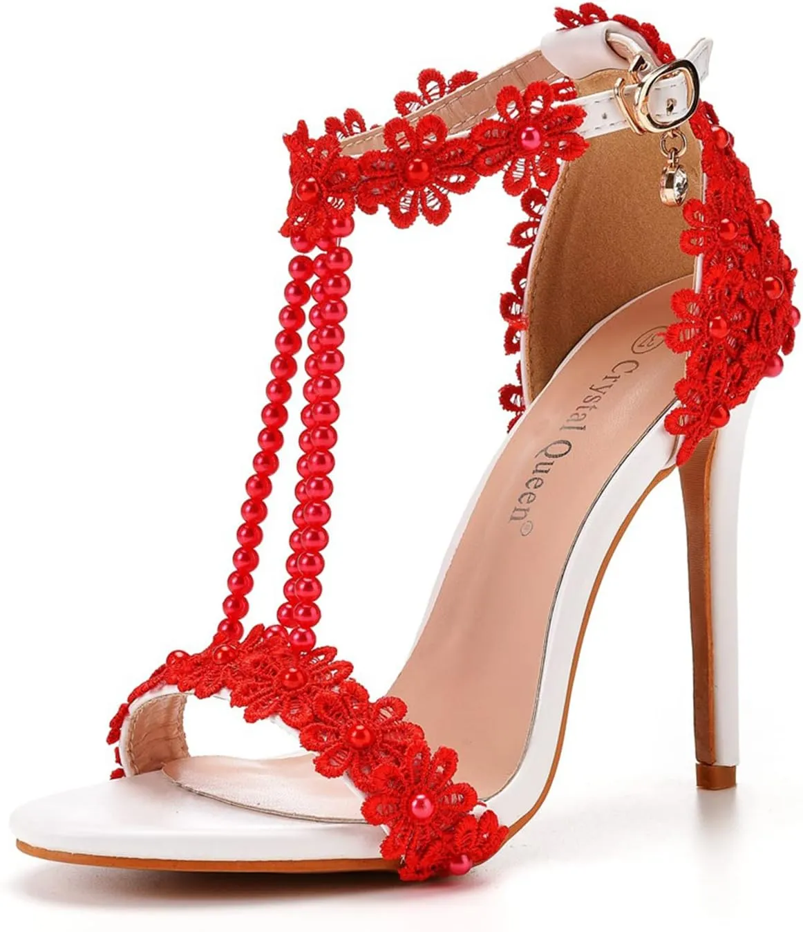 bbruriy Women Full Lace Beaded Pumps Stilettos High Heels with Floral Lace Pearls Beaded T-Strap Open Toe Heeled Sandals Bridal Wedding Party Shoes