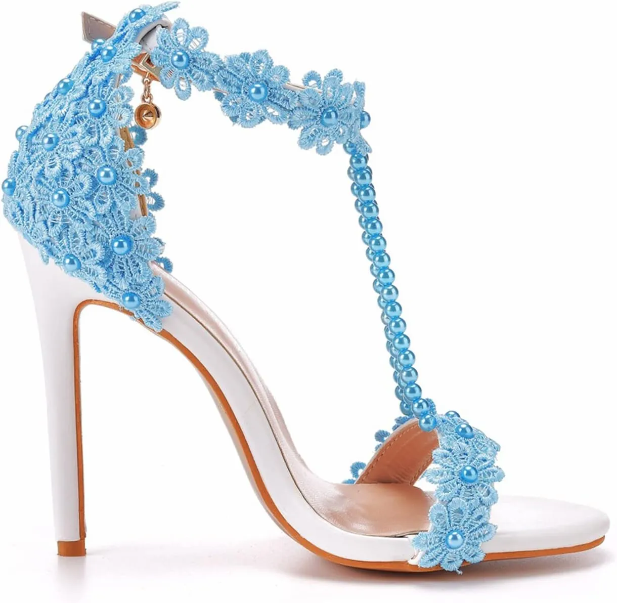 bbruriy Women Full Lace Beaded Pumps Stilettos High Heels with Floral Lace Pearls Beaded T-Strap Open Toe Heeled Sandals Bridal Wedding Party Shoes