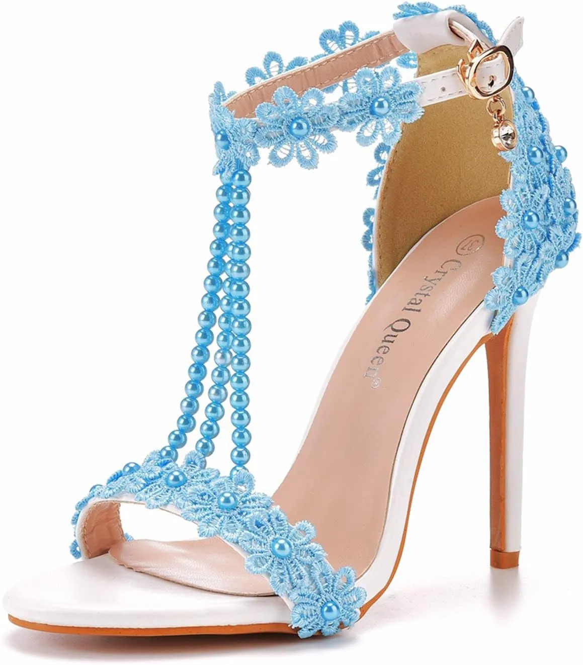 bbruriy Women Full Lace Beaded Pumps Stilettos High Heels with Floral Lace Pearls Beaded T-Strap Open Toe Heeled Sandals Bridal Wedding Party Shoes