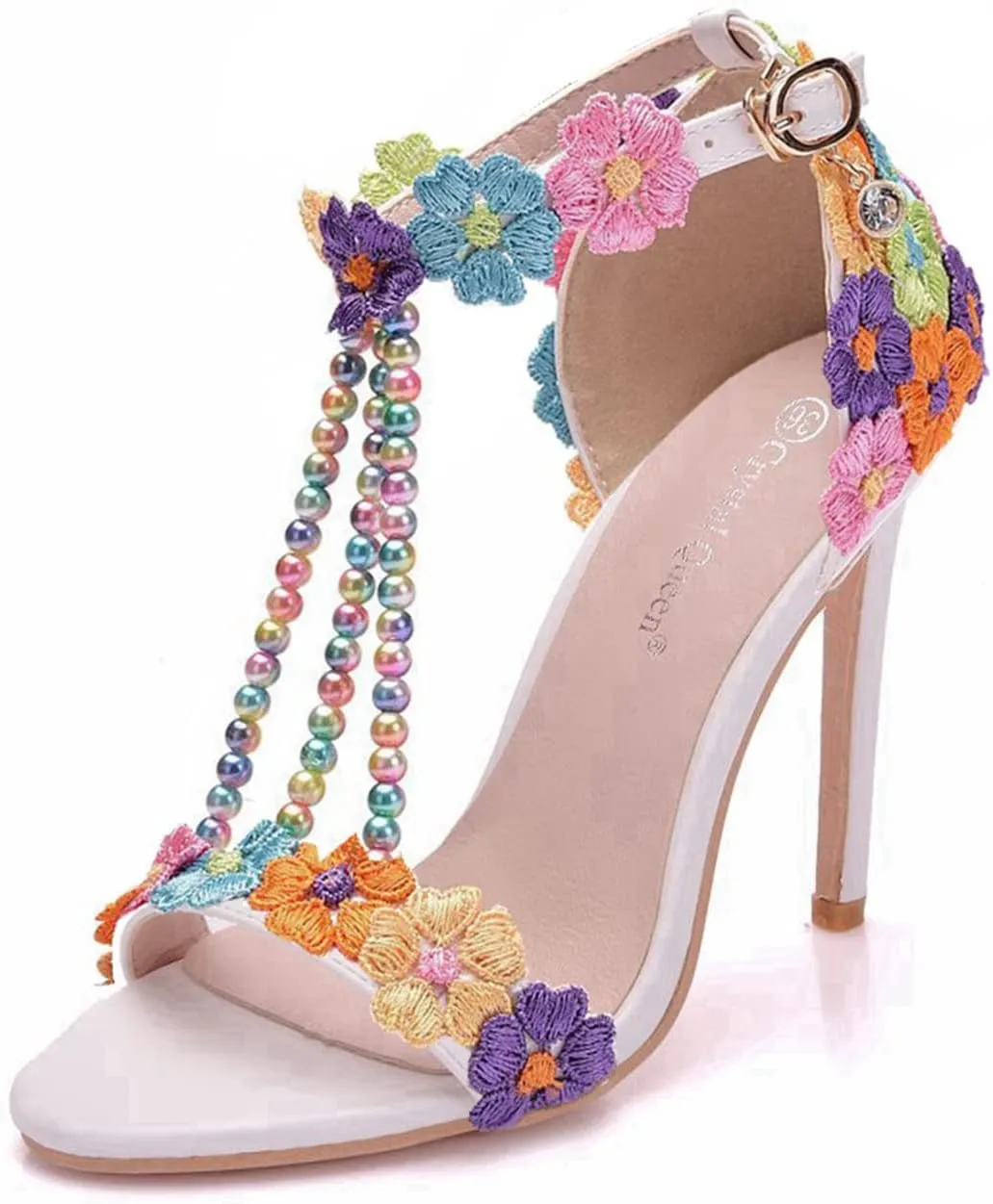 bbruriy Women Full Lace Beaded Pumps Stilettos High Heels with Floral Lace Pearls Beaded T-Strap Open Toe Heeled Sandals Bridal Wedding Party Shoes