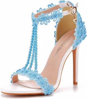 bbruriy Women Full Lace Beaded Pumps Stilettos High Heels with Floral Lace Pearls Beaded T-Strap Open Toe Heeled Sandals Bridal Wedding Party Shoes