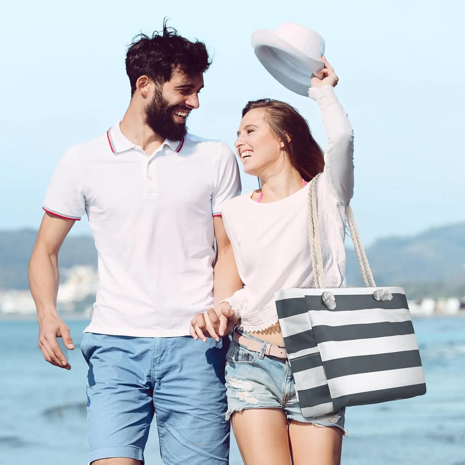 Beach Bags For Women - Large Beach Bags with Zipper Waterproof Sandproof Swim Pool Beach Bag