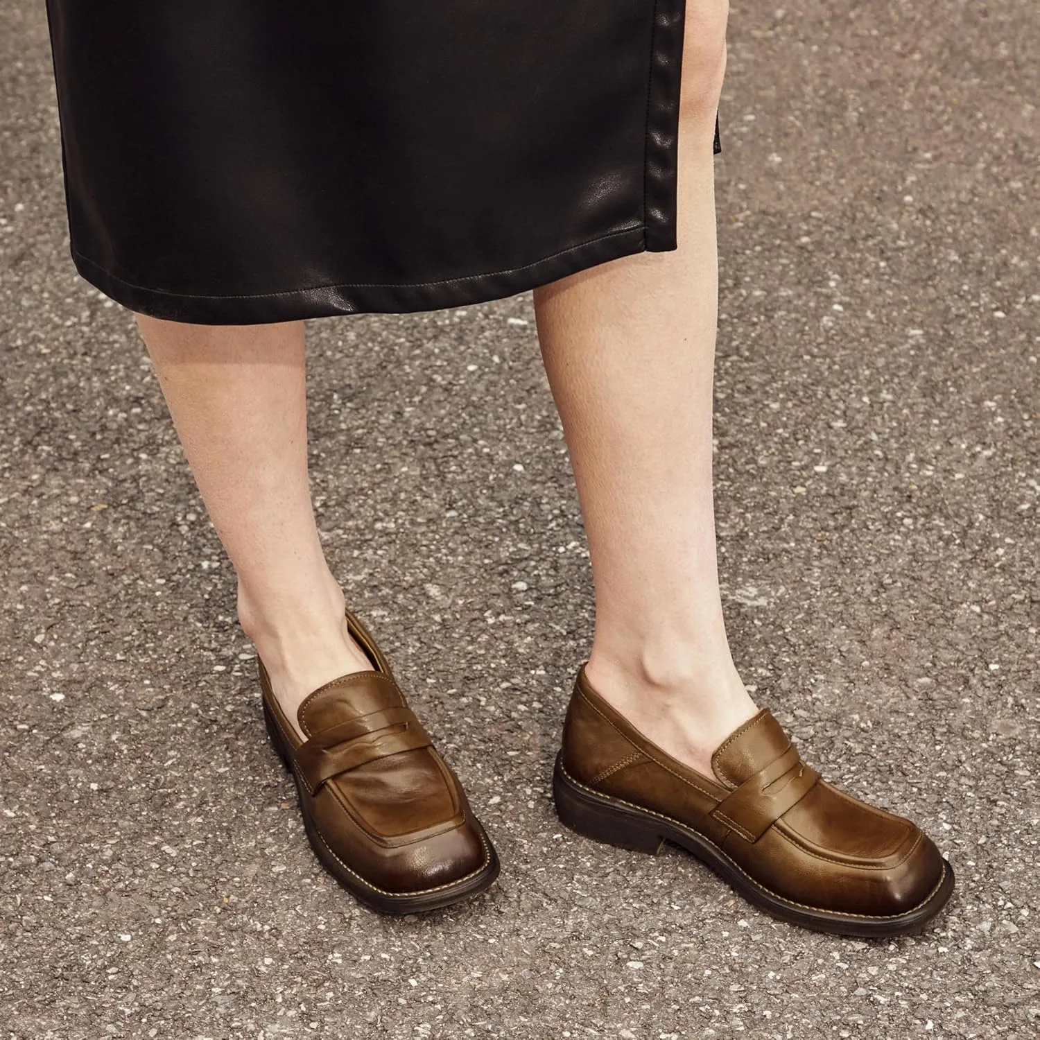 BEAU TODAY Penny Loafers for Women, Women’s Slip On Leather Loafers, Chunky Tassel Loafers Square Toe Shoes, Comfortable Dressy Business Casual Non-Slip Office Ladies Shoes