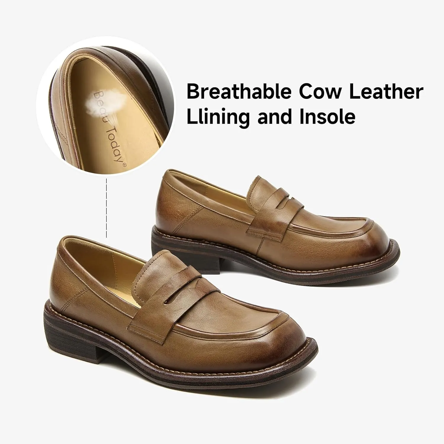 BEAU TODAY Penny Loafers for Women, Women’s Slip On Leather Loafers, Chunky Tassel Loafers Square Toe Shoes, Comfortable Dressy Business Casual Non-Slip Office Ladies Shoes