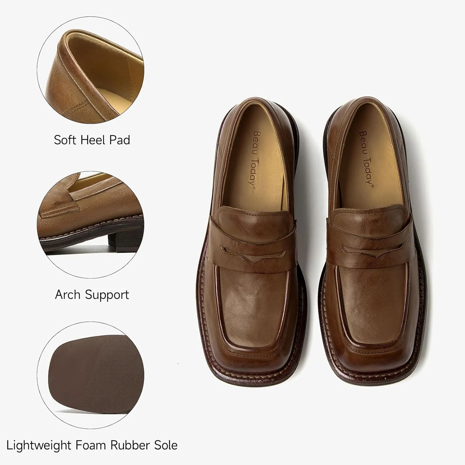 BEAU TODAY Penny Loafers for Women, Women’s Slip On Leather Loafers, Chunky Tassel Loafers Square Toe Shoes, Comfortable Dressy Business Casual Non-Slip Office Ladies Shoes