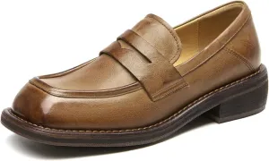 BEAU TODAY Penny Loafers for Women, Women’s Slip On Leather Loafers, Chunky Tassel Loafers Square Toe Shoes, Comfortable Dressy Business Casual Non-Slip Office Ladies Shoes