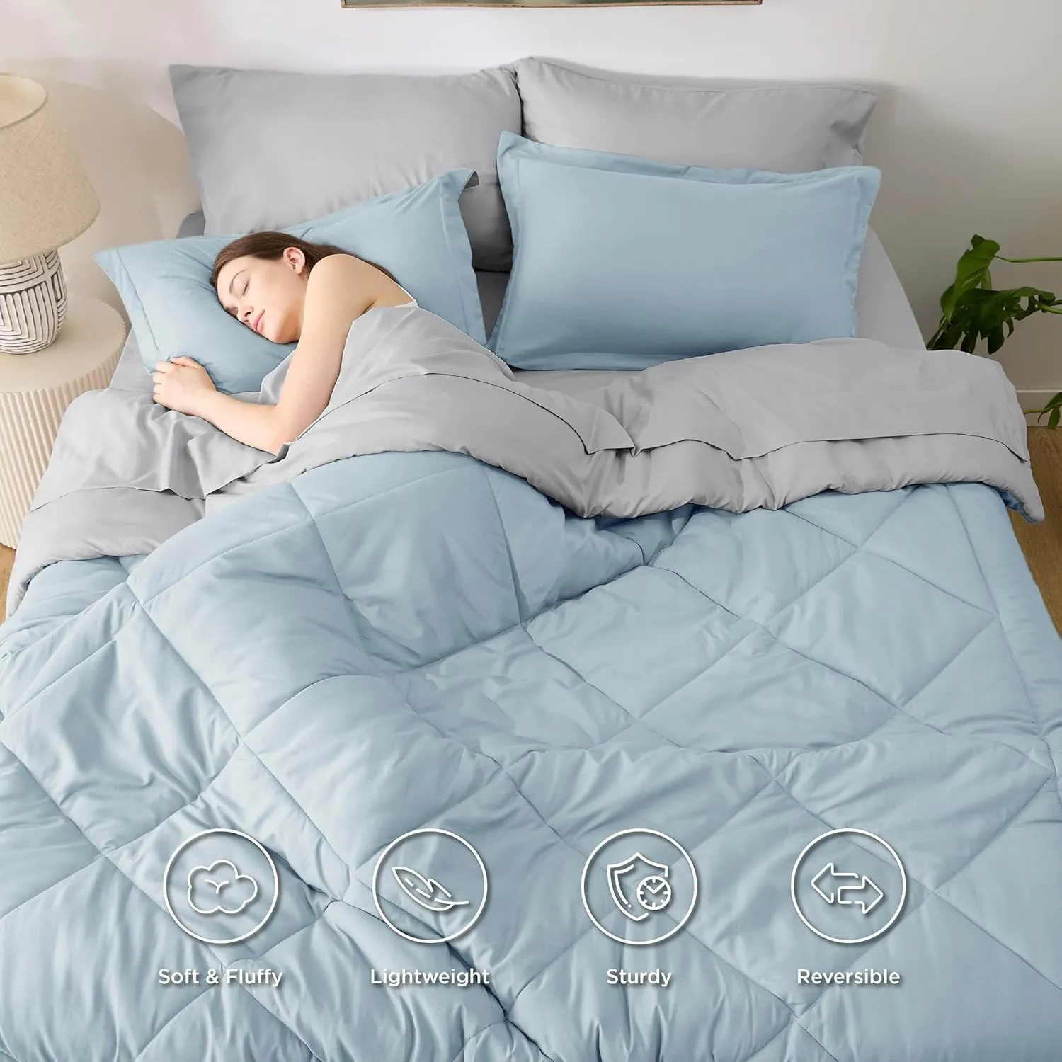Bedsure Full Size Comforter Set - 7 Pieces Reversible Sky Blue Bedding, Full Size Bed Set for All Seasons, Bed in a Bag with Down Alternative Comforter, Sheets, Pillowcases & Shams