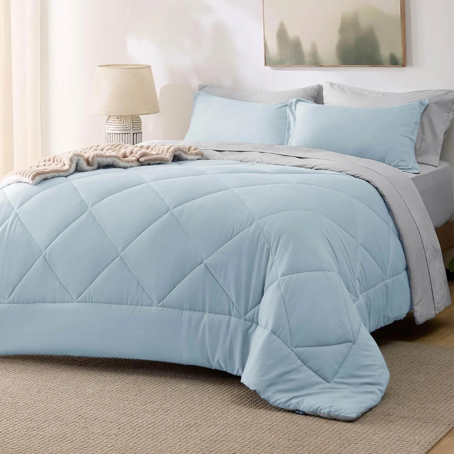 Bedsure Full Size Comforter Set - 7 Pieces Reversible Sky Blue Bedding, Full Size Bed Set for All Seasons, Bed in a Bag with Down Alternative Comforter, Sheets, Pillowcases & Shams