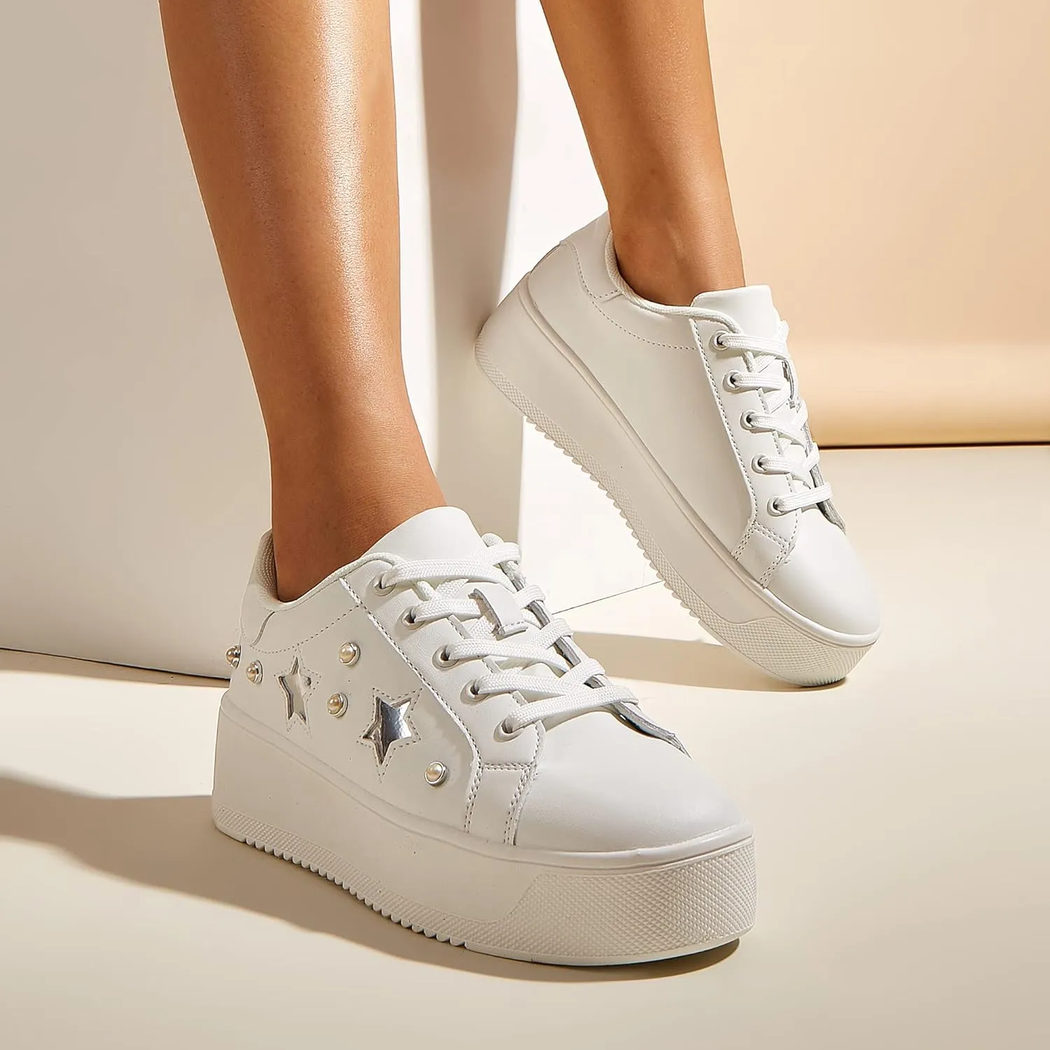 BELOS Fashion Platform Women Sneakers Faux Suede Stars Holographic Rainbow Walking Shoes