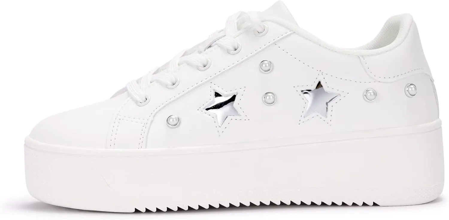 BELOS Fashion Platform Women Sneakers Faux Suede Stars Holographic Rainbow Walking Shoes