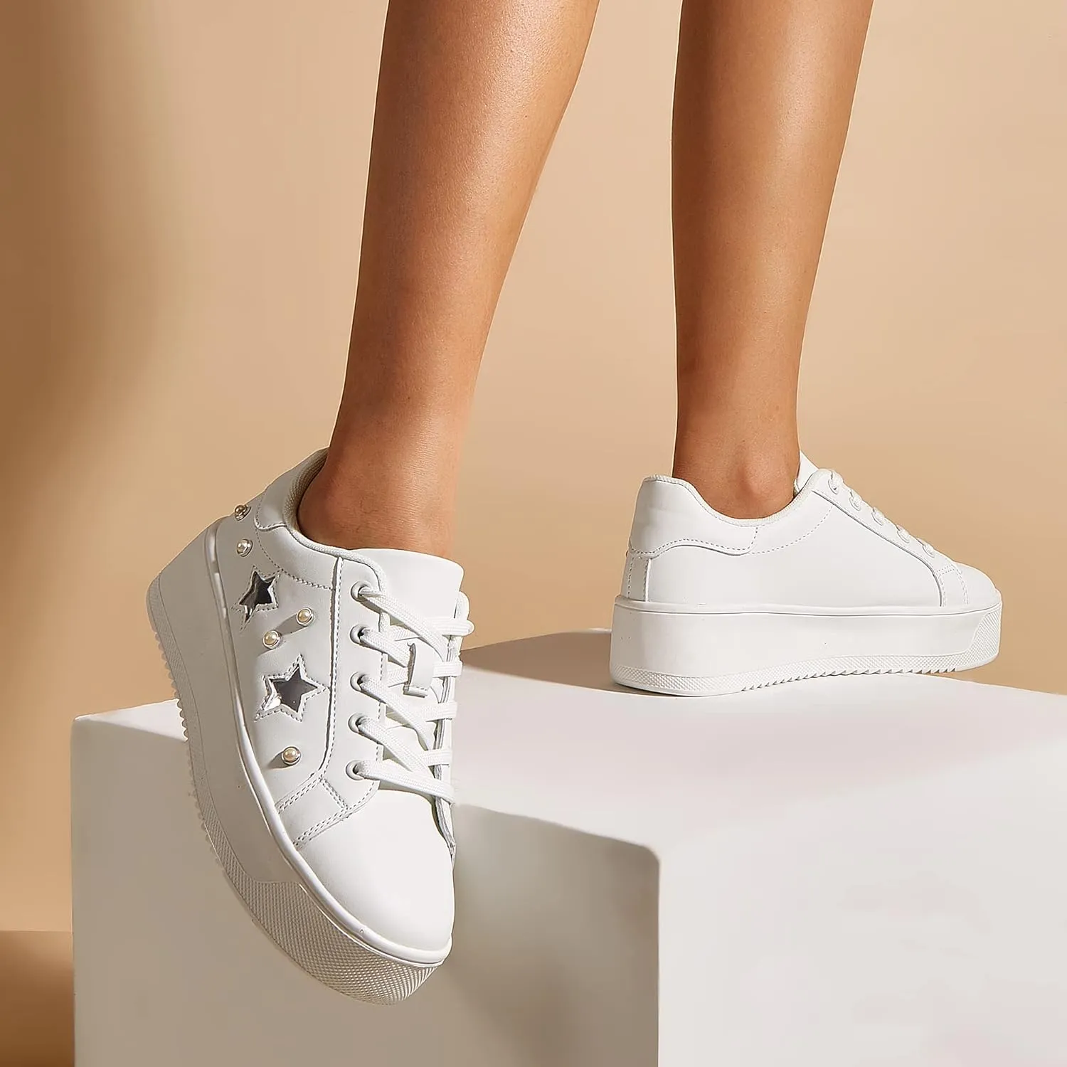 BELOS Fashion Platform Women Sneakers Faux Suede Stars Holographic Rainbow Walking Shoes