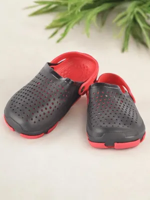 Black and Red Slip-On Ventilated Clogs For Boys