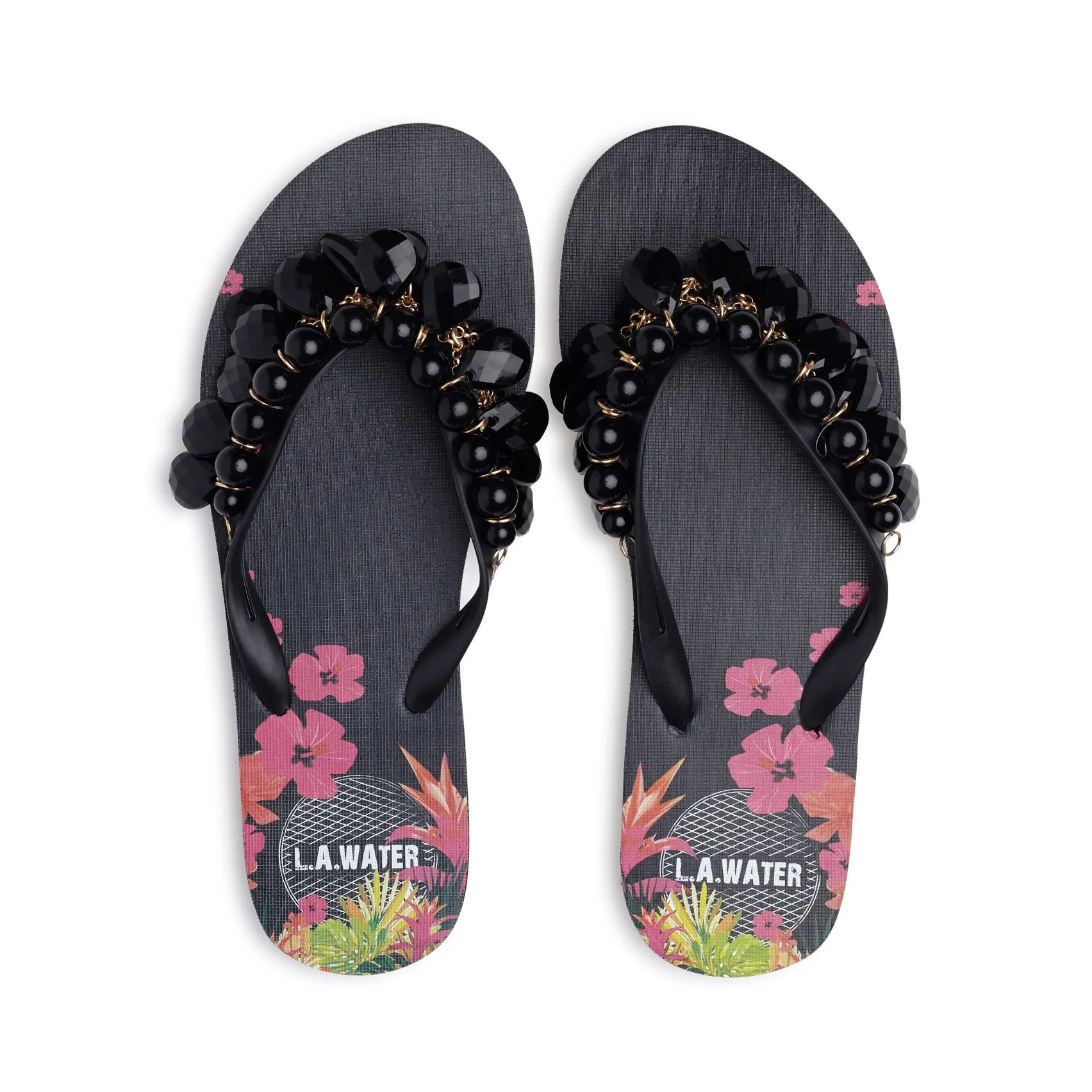BLACK FLOWERED SLIPPERS