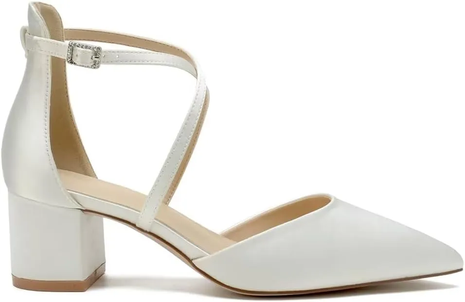 Block Heel Wedding Shoes for Bride Closed Toe Bridal Shoes Ankle Strap Wedding Chunky Heels