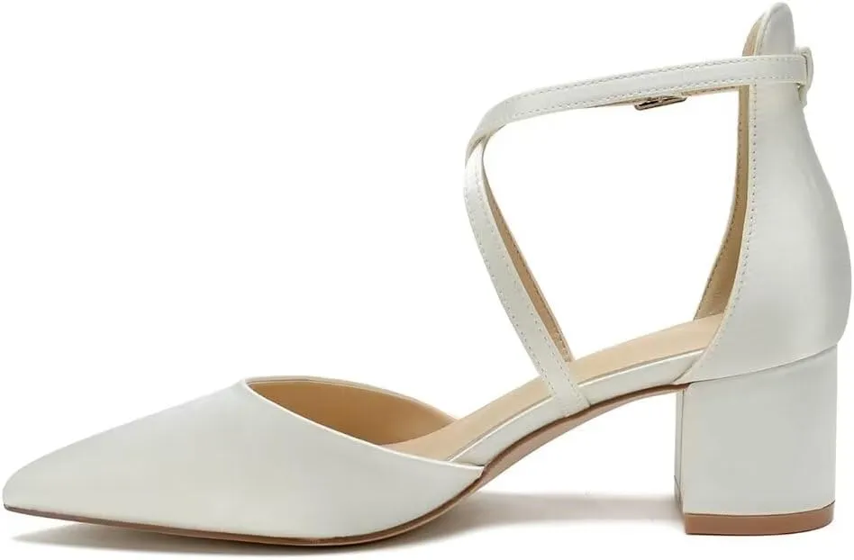 Block Heel Wedding Shoes for Bride Closed Toe Bridal Shoes Ankle Strap Wedding Chunky Heels