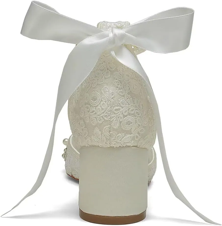 Block Heel Wedding Shoes for Bride Pointed Toe Lace Pearl Bridal Heels