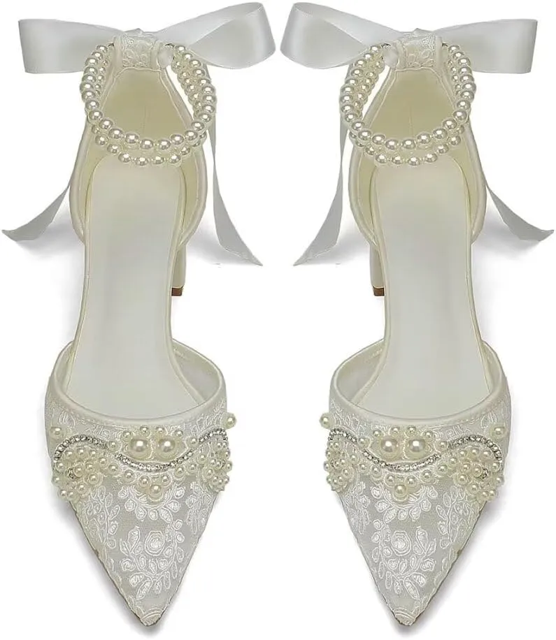 Block Heel Wedding Shoes for Bride Pointed Toe Lace Pearl Bridal Heels