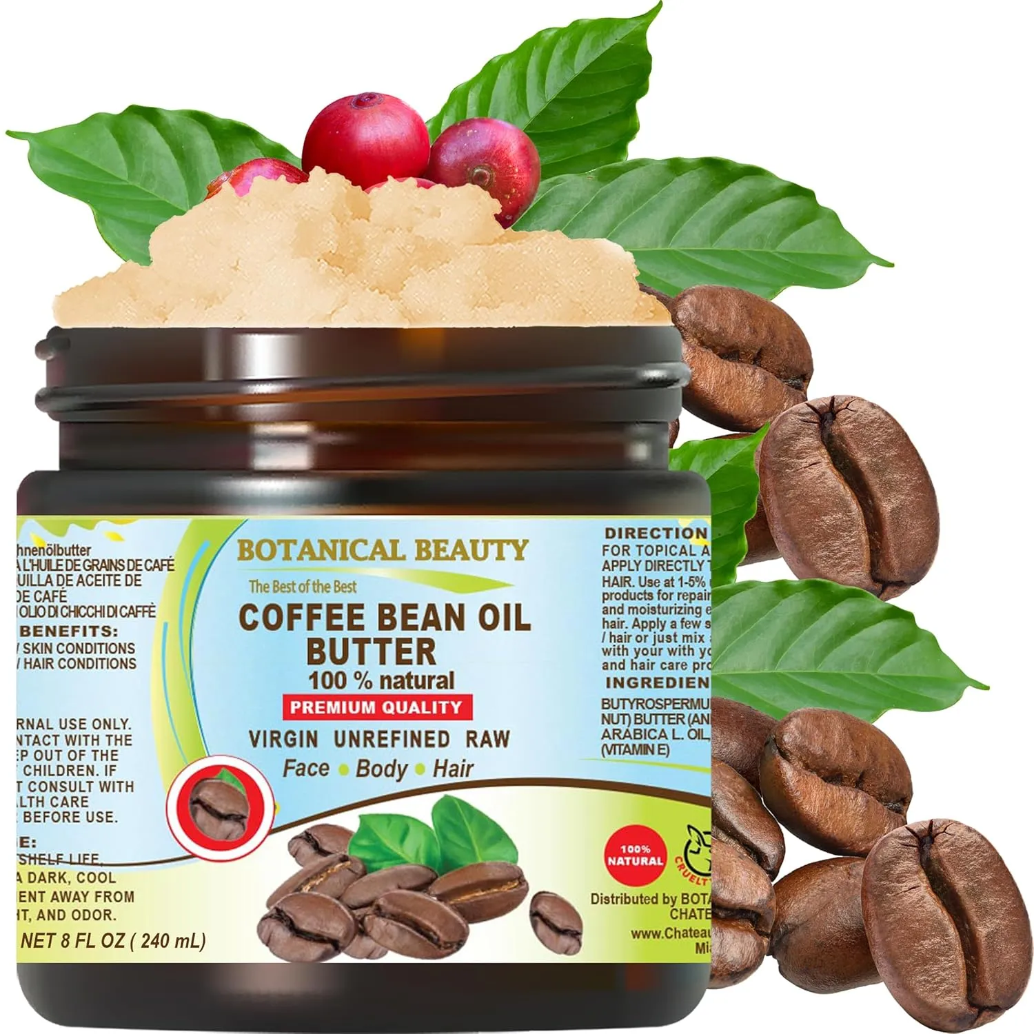 Botanical Beauty COFFEE BEAN OIL BUTTER 100% Natural VIRGIN RAW UNREFINED 8 Fl.oz.- 240 ml. Coffee Bean Essential Oil in Shea Nut Butter for FACE, SKIN, BODY, HAIR, NAILS.