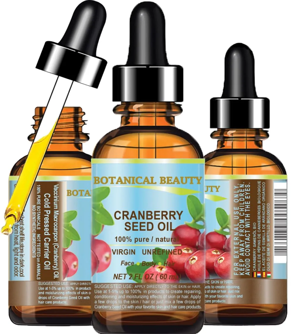 Botanical Beauty CRANBERRY SEED OIL 100% Pure Natural Unrefined Virgin Cold Pressed Carrier Oil. 2 fl.oz - 60 ml. for Face, Skin, Body, Hair, Lips, Nails, Anti - Aging Face Oil
