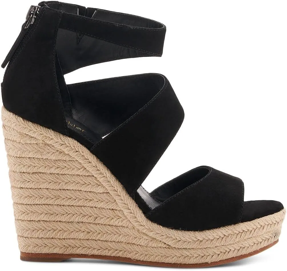 botkier Womens Black 1-1/2" Platform Elastic Goring Ankle Strap Jute Wrapped Asymmetrical Padded Julian Round Toe Wedge Zip-Up Leather Espadrille Shoes 9.5 M