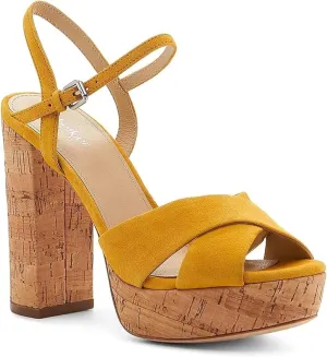 botkier Womens Yellow Crisscross Straps 1" Platform Cork Like Ankle Strap Padded Plateau Round Toe Block Heel Buckle Leather Dress Sandals Shoes 6.5