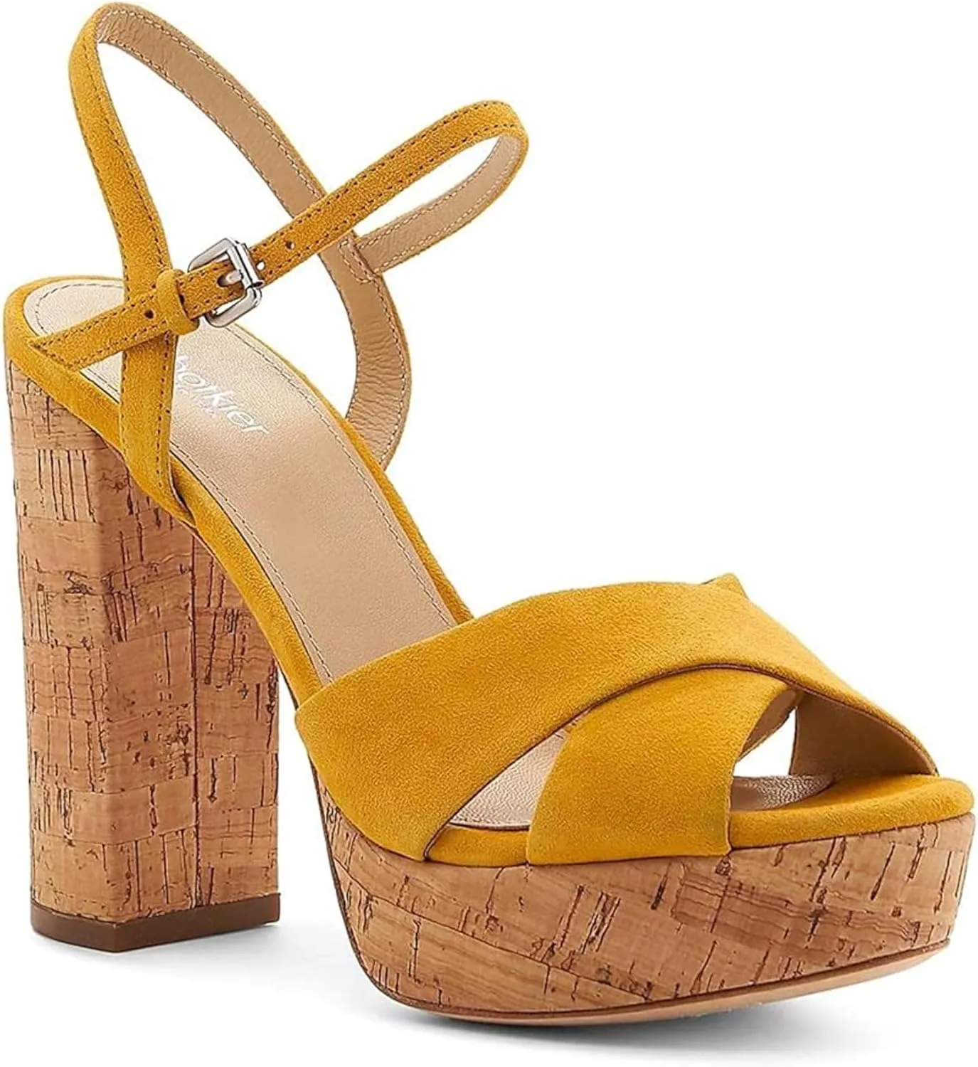 botkier Womens Yellow Crisscross Straps 1" Platform Cork Like Ankle Strap Padded Plateau Round Toe Block Heel Buckle Leather Dress Sandals Shoes 6.5