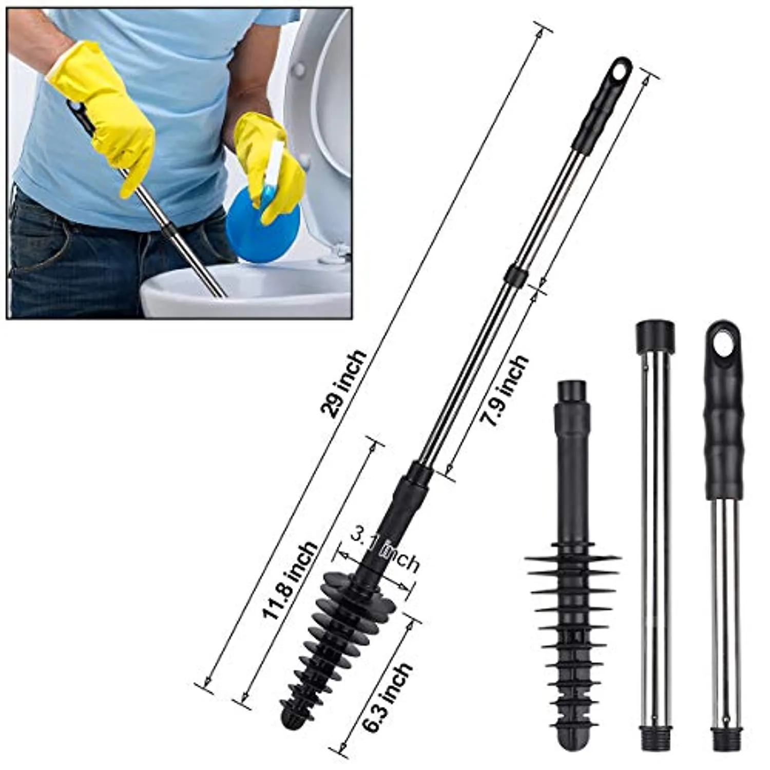BROOM Toilet Plunger, 2020 Upgraded Two Sections Detachable Plunger for Bathroom, Toilet Dredge Tool, Stainless Steel Handle Clog Remover, Squeegee, Drain Cleaner, Hook Included (1 Pack, Black)