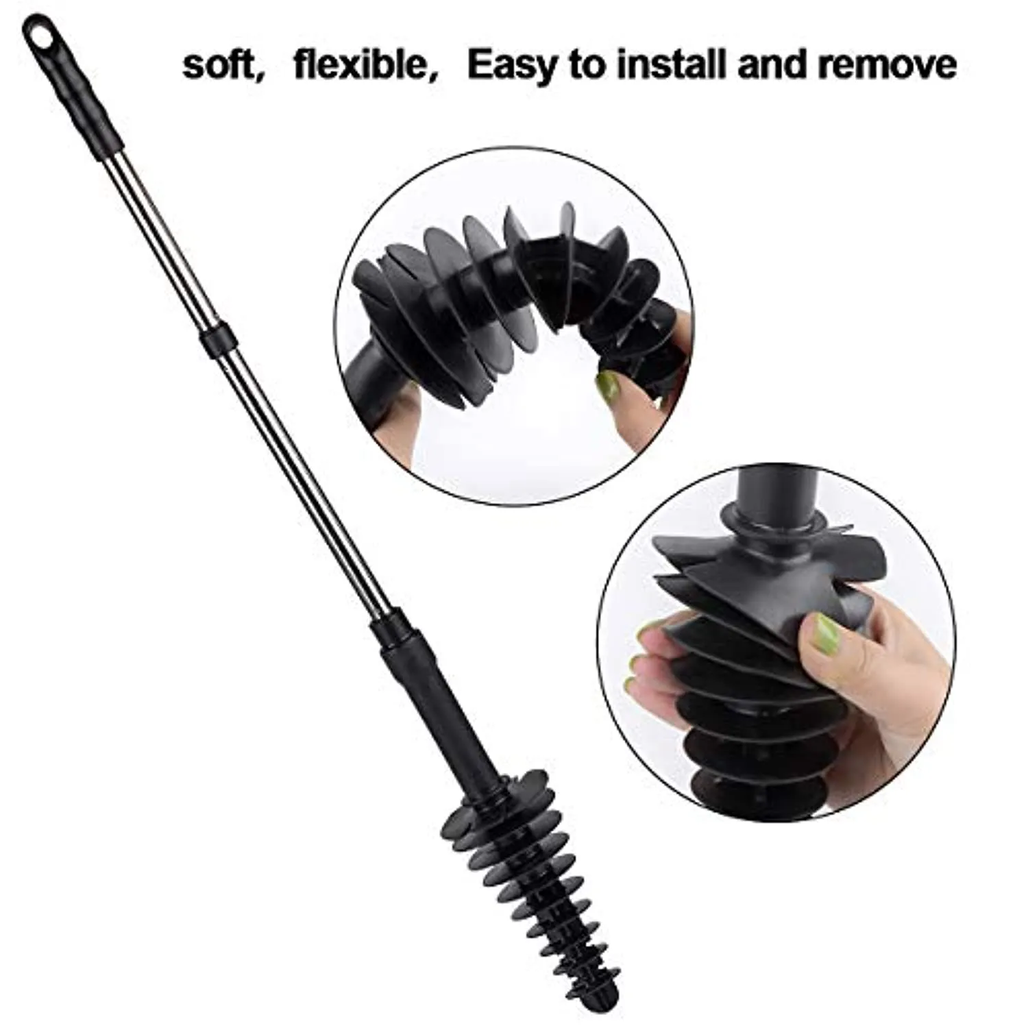 BROOM Toilet Plunger, 2020 Upgraded Two Sections Detachable Plunger for Bathroom, Toilet Dredge Tool, Stainless Steel Handle Clog Remover, Squeegee, Drain Cleaner, Hook Included (1 Pack, Black)