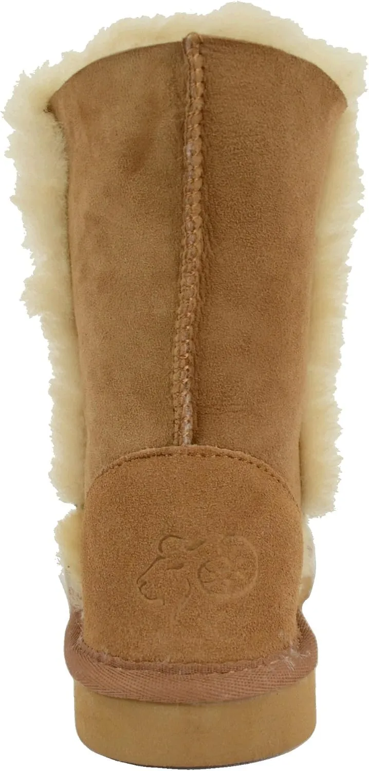 Bushga Ladies Genuine Sheepskin Mid Calf Short Boot with Button Design (Black, Chocolate Brown, Chestnut, Grey, Purple)