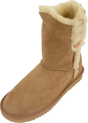 Bushga Ladies Genuine Sheepskin Mid Calf Short Boot with Button Design (Black, Chocolate Brown, Chestnut, Grey, Purple)
