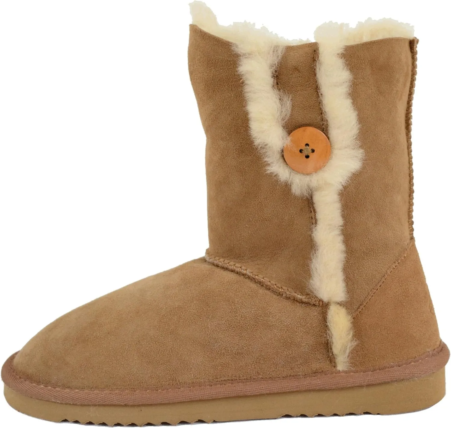 Bushga Ladies Genuine Sheepskin Mid Calf Short Boot with Button Design (Black, Chocolate Brown, Chestnut, Grey, Purple)