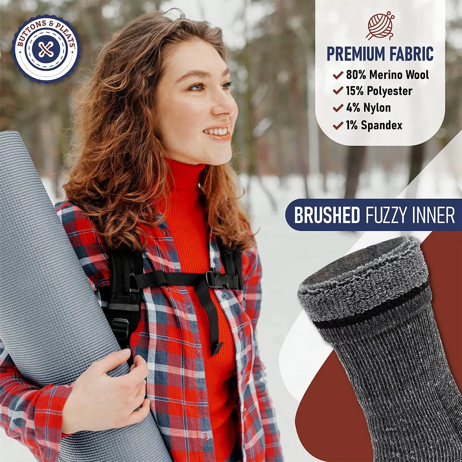 Buttons & Pleats Wool Socks for Men & Women Merino Thermal Warm Cozy Winter Boot Sock