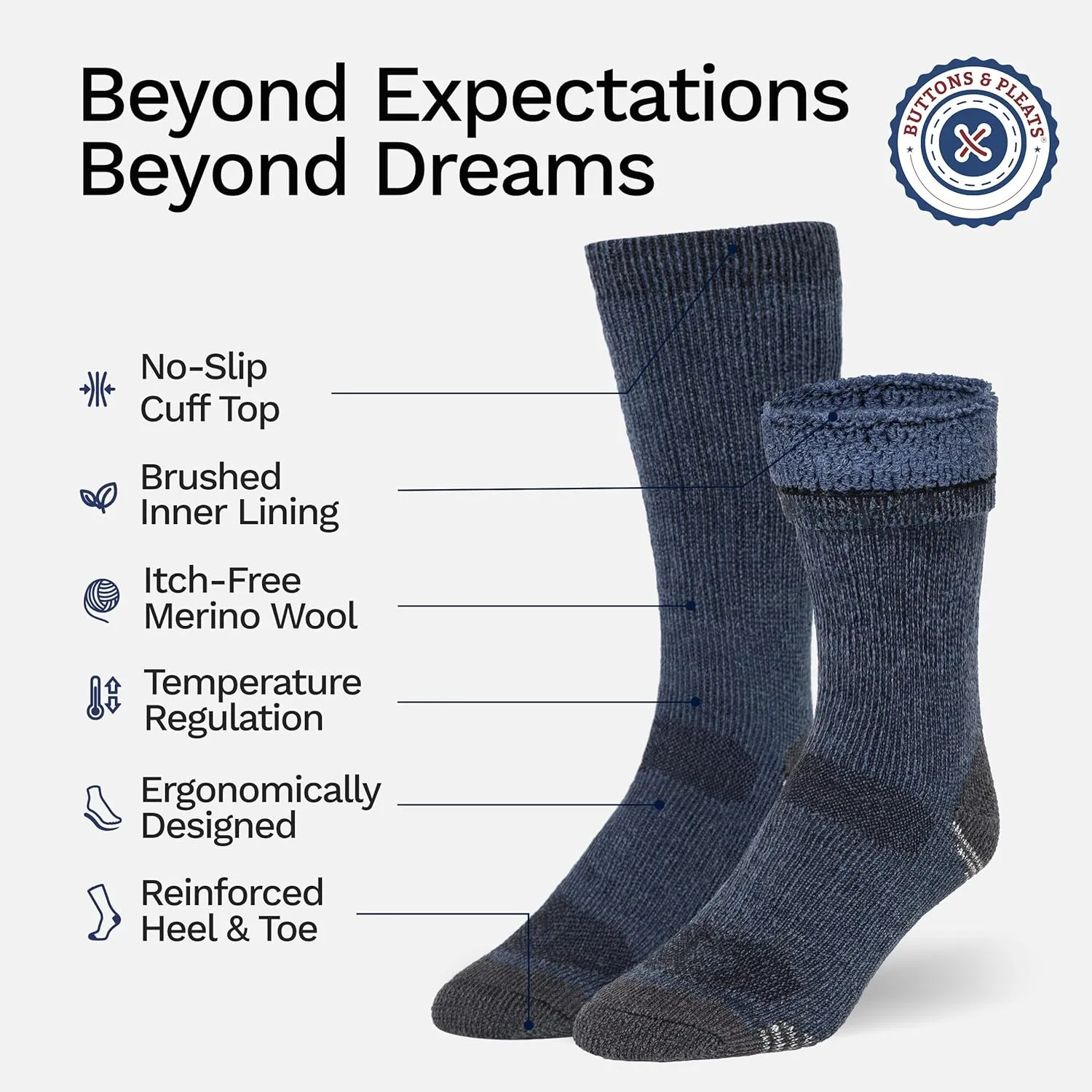 Buttons & Pleats Wool Socks for Men & Women Merino Thermal Warm Cozy Winter Boot Sock