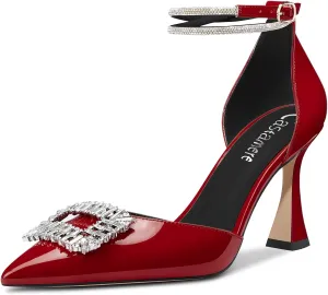 Castamere Women High Chunky Block Heel Ankle Strap Diamond Crystal Pointed Toe Pumps 3.3 Inches Heels