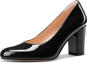 Castamere Womens High Chunky Block Heel Round Toe Pumps Slip-on Prom Dress Patent Leather 3.2 Inches Heels