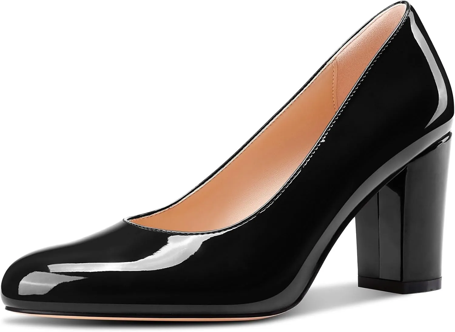 Castamere Womens High Chunky Block Heel Round Toe Pumps Slip-on Prom Dress Patent Leather 3.2 Inches Heels