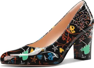 Castamere Womens High Chunky Block Heel Round Toe Pumps Slip-on Prom Dress Patent Leather 3.2 Inches Heels