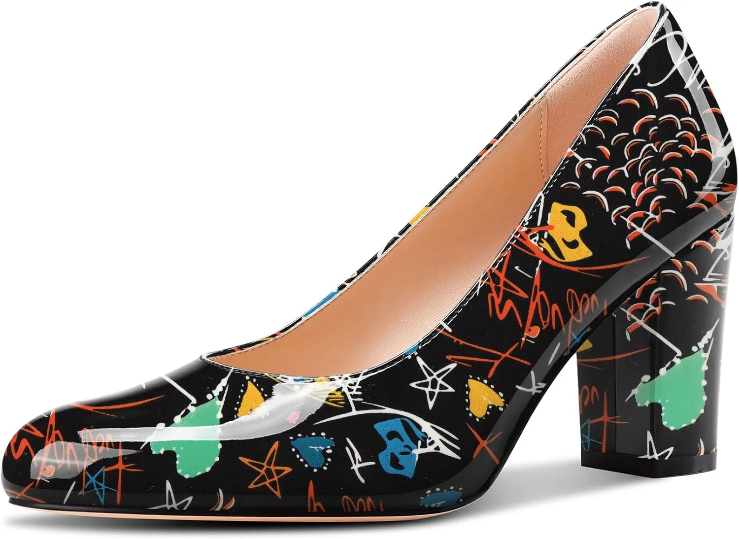 Castamere Womens High Chunky Block Heel Round Toe Pumps Slip-on Prom Dress Patent Leather 3.2 Inches Heels