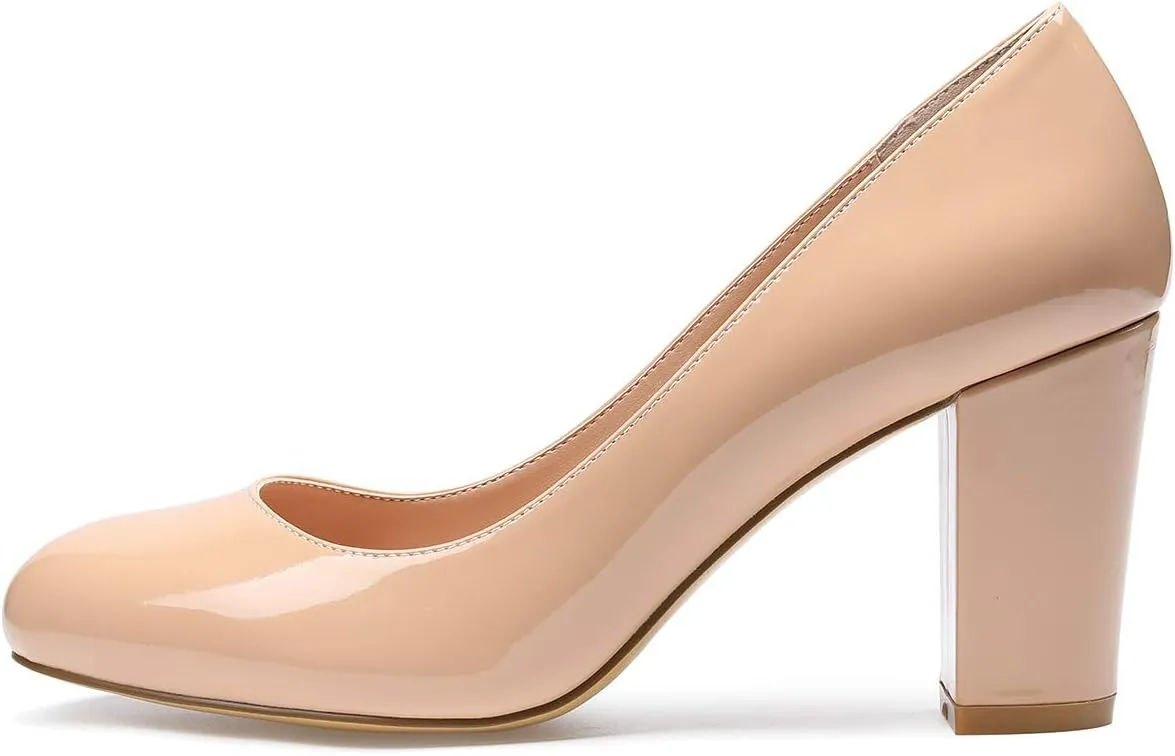 Castamere Women's High Heels Round Toe Slip-On Pumps Block Heel 8CM