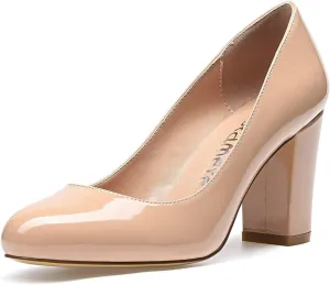 Castamere Women's High Heels Round Toe Slip-On Pumps Block Heel 8CM