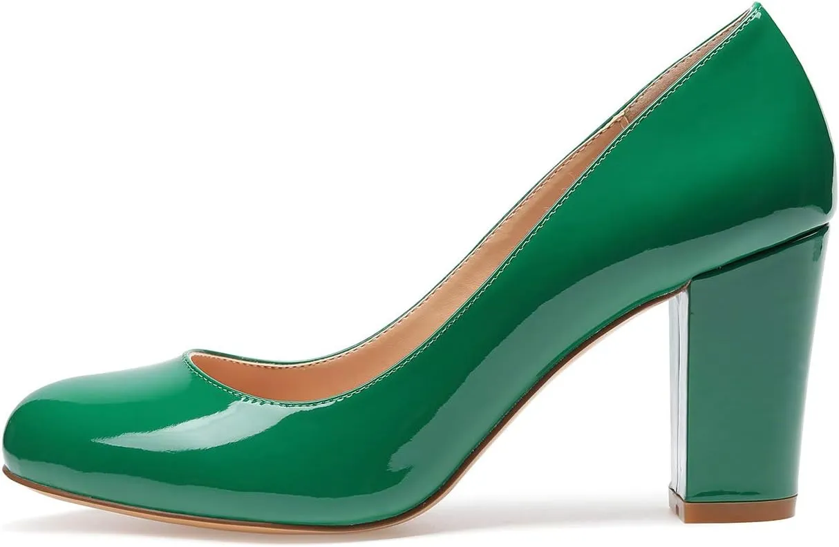 Castamere Women's High Heels Round Toe Slip-On Pumps Block Heel 8CM